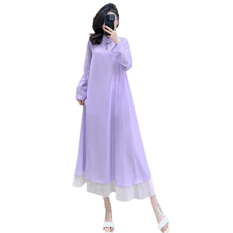 Šifona kleita, vienkrāsains raksts, stāvošs apkaklis, rāvējslēdzējs, gara kleita ar plašu izpletumu