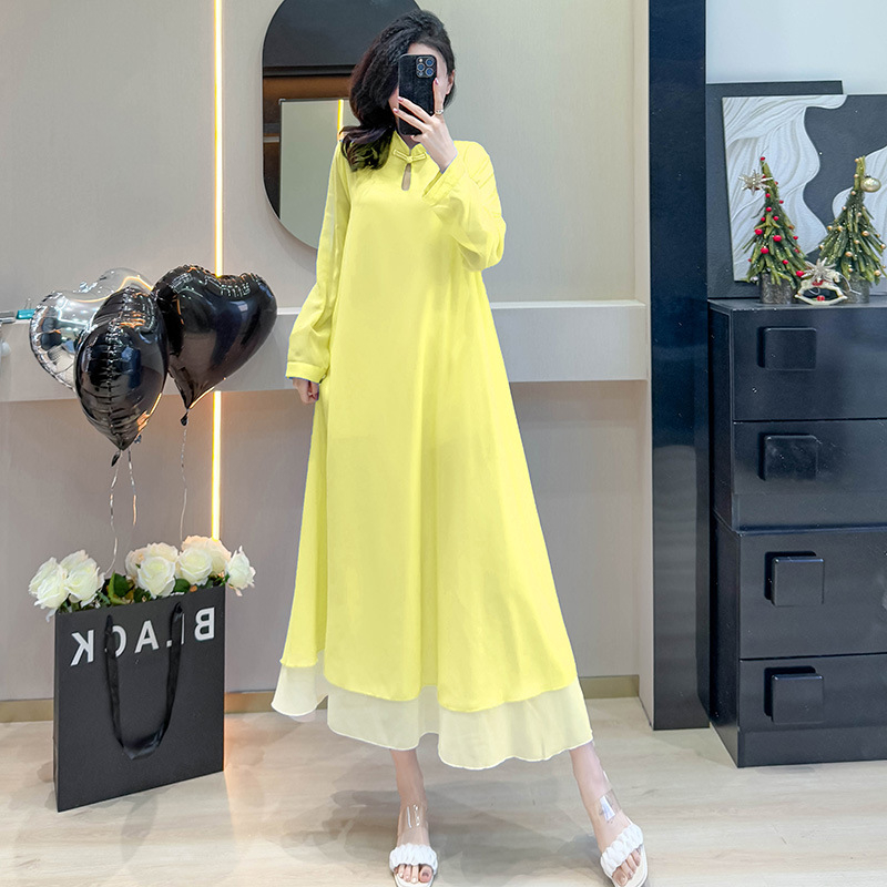 Šifona kleita, vienkrāsains raksts, stāvošs apkaklis, rāvējslēdzējs, gara kleita ar plašu izpletumu