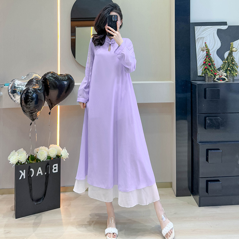 Šifona kleita, vienkrāsains raksts, stāvošs apkaklis, rāvējslēdzējs, gara kleita ar plašu izpletumu