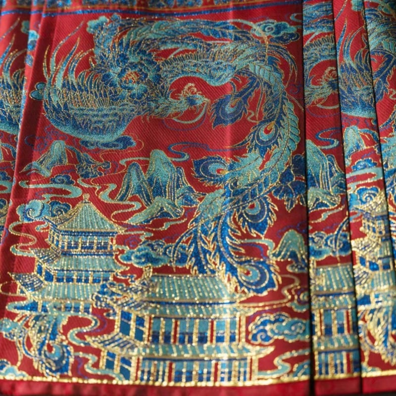 Hanfu suknja s pet nabora od wire-cloth, yarn-dyed; glavni sadržaj tkanine 70–80%, sekundarni sadržaj 50–70%