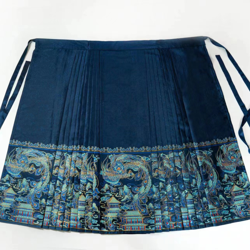 Hanfu suknja s pet nabora od wire-cloth, yarn-dyed; glavni sadržaj tkanine 70–80%, sekundarni sadržaj 50–70%