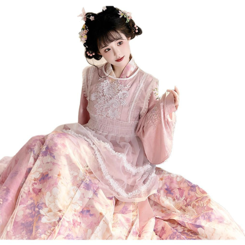 Hanfu slojeviti set s čipkastom suknjom, eklektični kinesko-zapadni stil, poliester, 90–95% poliester, otisak, izdanje 2025