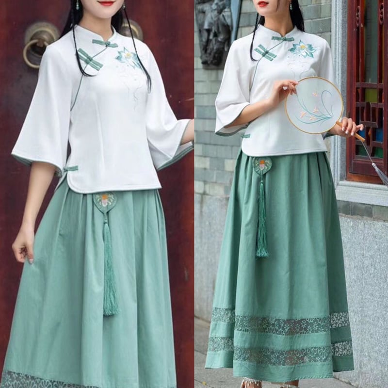 Pamučni Hanfu top RoC stil, vezen lotus, kratkih rukava