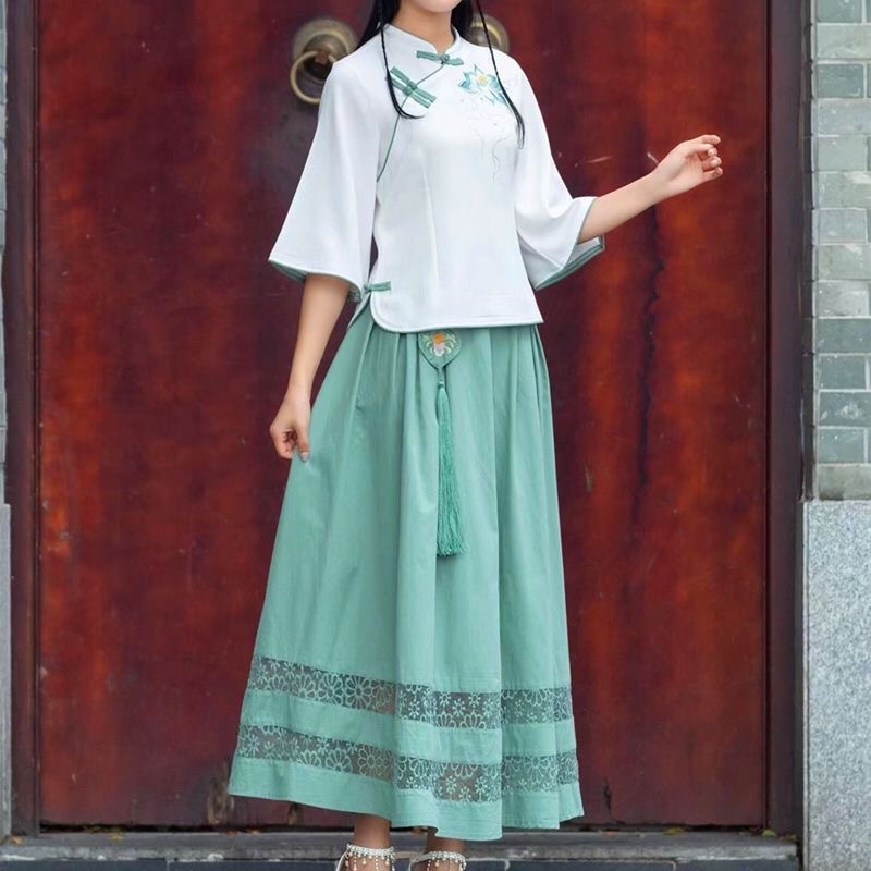 Pamučni Hanfu top RoC stil, vezen lotus, kratkih rukava