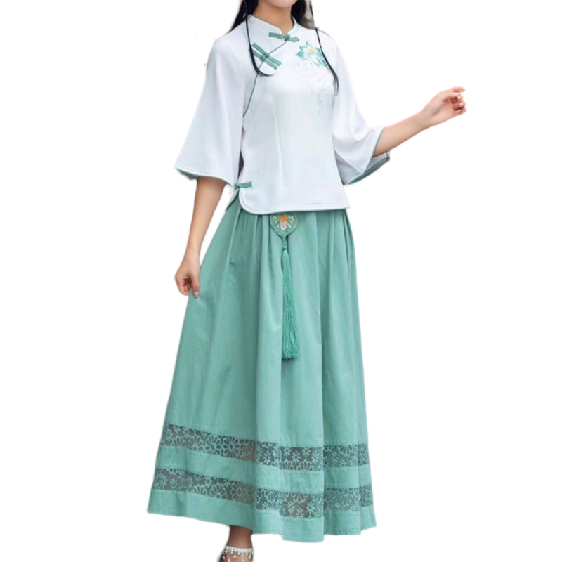 Pamučni Hanfu top RoC stil, vezen lotus, kratkih rukava