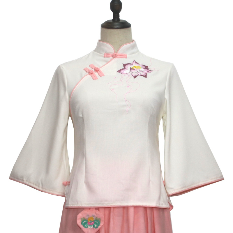 Pamučni Hanfu top RoC stil, vezen lotus, kratkih rukava