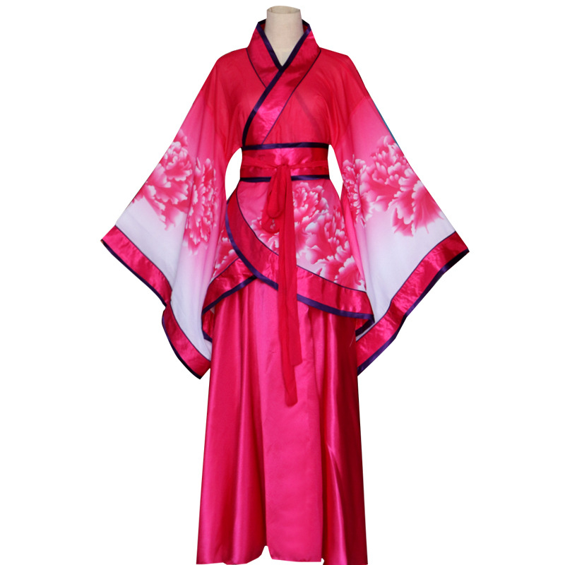 Hanfu kostim za žene za pozornicu, tradicionalna haljina širokih rukava, šifon, poliester 95%, digitalno tiskanje