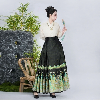 Hanfu u nacionalnom stilu: suknja s panelom cvjetnog motiva konjske fasade u zlatom tkanom uzorku, novi kineski stil, jednodijelna svakodnevna suknja
