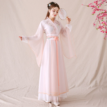 Ženski Hanfu kostim u drevnom stilu, poboljšan, eteričan i elegantan za plesne nastupe — cjelovit komplet s preklopnim ovratnikom i haljinom do struka.