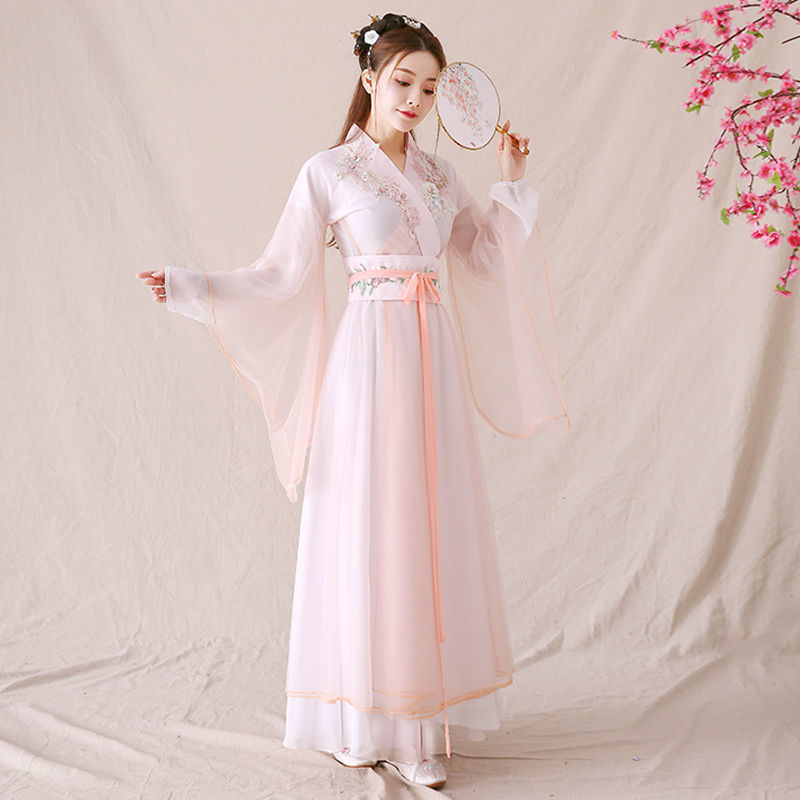 Ženski Hanfu kostim u drevnom stilu, poboljšan, eteričan i elegantan za plesne nastupe — cjelovit komplet s preklopnim ovratnikom i haljinom do struka.