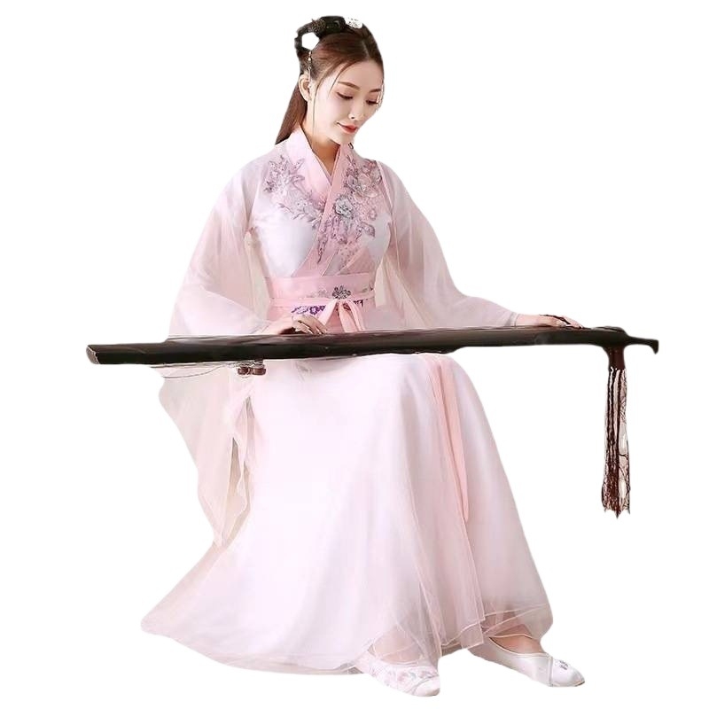 Ženski Hanfu kostim u drevnom stilu, poboljšan, eteričan i elegantan za plesne nastupe — cjelovit komplet s preklopnim ovratnikom i haljinom do struka.