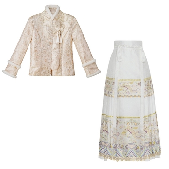 Dva dijelni set: jacquard top s stojećim ovratnikom i disk kopčama, te suknja Horse-face s tkanim zlatnim vlaknom