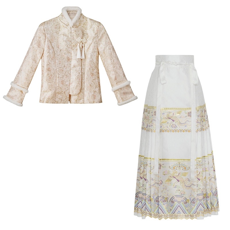 Dva dijelni set: jacquard top s stojećim ovratnikom i disk kopčama, te suknja Horse-face s tkanim zlatnim vlaknom
