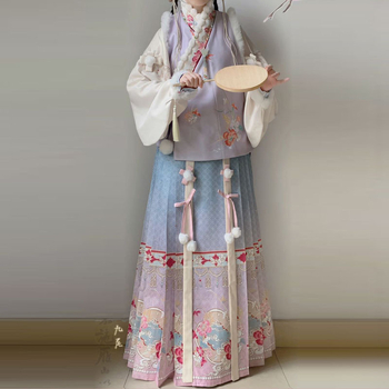 Hanfu zimski set: jaknica s preklopnim ovratnikom, izvezenim i tiskanim uzorkom, suknja s printom u stilu horse-face; poliester; glavni materijal 80–90%; sekundarni <30%; otisak