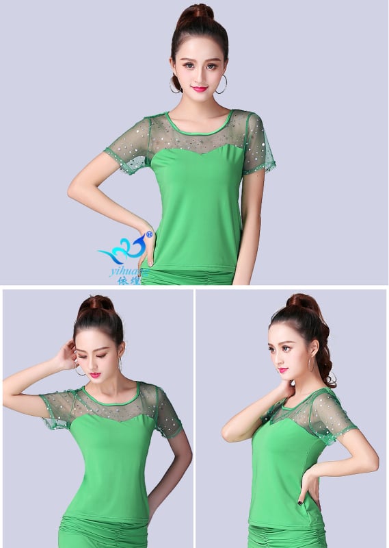 Sequin kratki rukav top za natjecanje standardnog plesa - Milk Silk, poliester 95%+, spandex <30%, jesen 2023