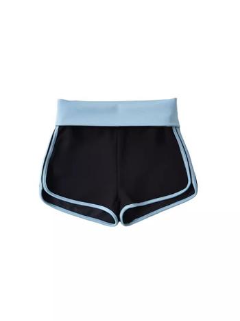 Nylon–spandex keverékből készült alacsony derekú hot pants, közepes vastagságú anyag, elasztikus, sportoláshoz, strandon és mindennapi viselethez.