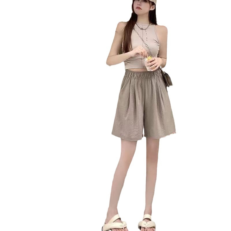 Yamamoto női rövidnadrág, magas derekú, vékony, laza szabás, japán-koreai lazító stílus, poliészter-spandex keverék (30-50% spandex, 50-70% poliészter)