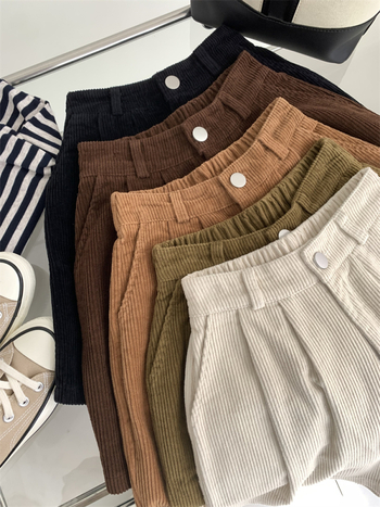 Corduroy sieviešu ikdienas bikses, augsts viduklis, plašas kājas, 5/8 garums, kokvilnas maisījums, brīvs piegriezums