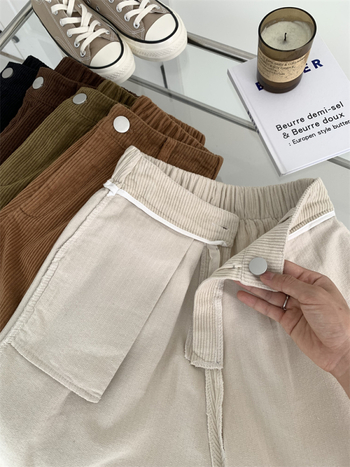 Corduroy sieviešu ikdienas bikses, augsts viduklis, plašas kājas, 5/8 garums, kokvilnas maisījums, brīvs piegriezums