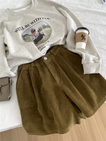 Corduroy sieviešu ikdienas bikses, augsts viduklis, plašas kājas, 5/8 garums, kokvilnas maisījums, brīvs piegriezums