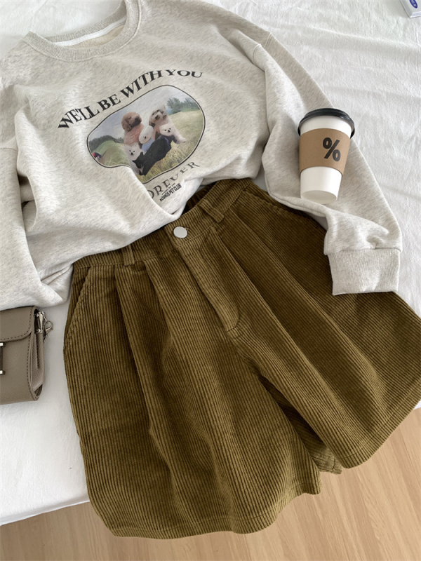 Corduroy sieviešu ikdienas bikses, augsts viduklis, plašas kājas, 5/8 garums, kokvilnas maisījums, brīvs piegriezums