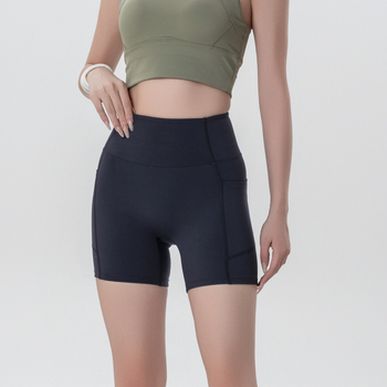 Moterų Lulu stiliaus jogos šortai, aukštas juosmuo, klubų pakėlimas, tamprus kirpimas, greitai džiūstantis audinys, kišenė, 75% nailonas / 25% spandeks