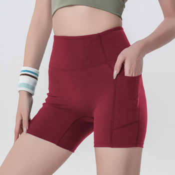 Moterų Lulu stiliaus jogos šortai, aukštas juosmuo, klubų pakėlimas, tamprus kirpimas, greitai džiūstantis audinys, kišenė, 75% nailonas / 25% spandeks