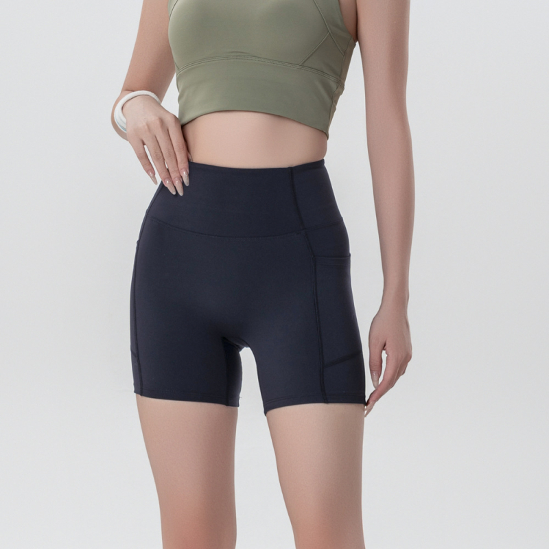 Moterų Lulu stiliaus jogos šortai, aukštas juosmuo, klubų pakėlimas, tamprus kirpimas, greitai džiūstantis audinys, kišenė, 75% nailonas / 25% spandeks