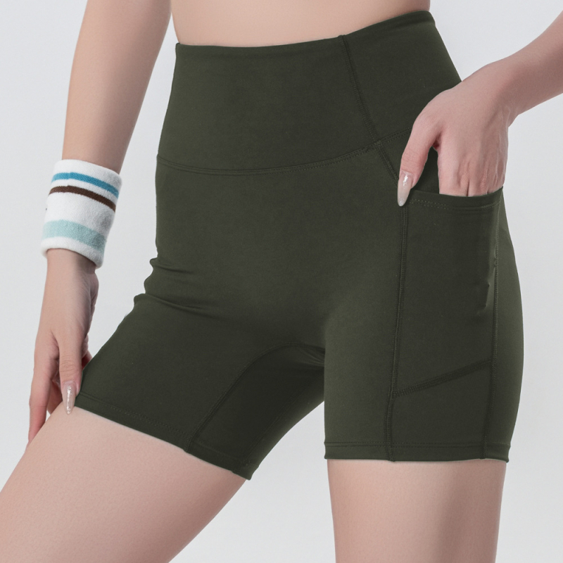 Moterų Lulu stiliaus jogos šortai, aukštas juosmuo, klubų pakėlimas, tamprus kirpimas, greitai džiūstantis audinys, kišenė, 75% nailonas / 25% spandeks