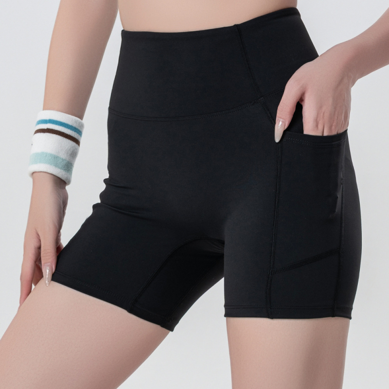 Moterų Lulu stiliaus jogos šortai, aukštas juosmuo, klubų pakėlimas, tamprus kirpimas, greitai džiūstantis audinys, kišenė, 75% nailonas / 25% spandeks