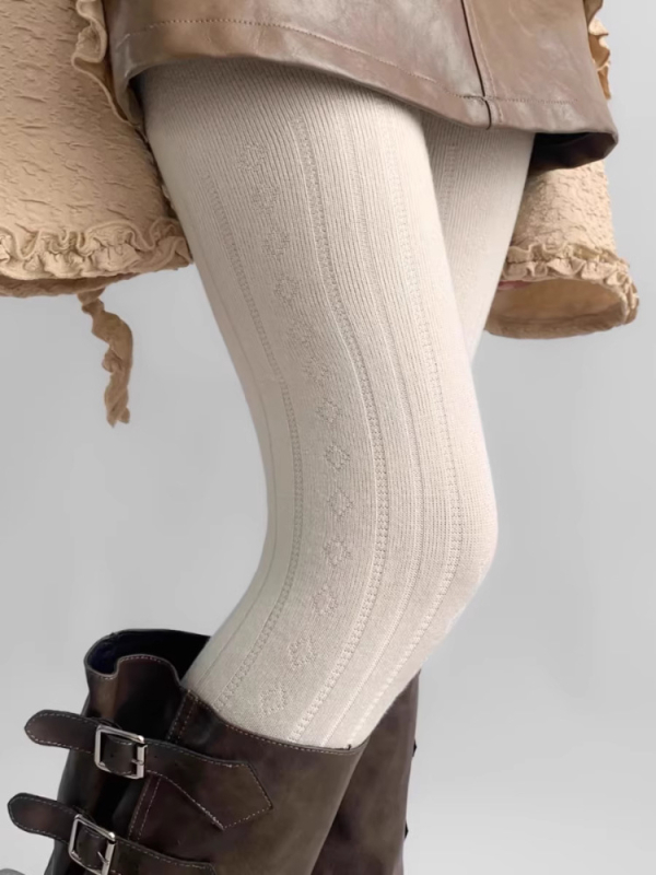 Retro mliječno-bijele kolgotice s dijamantnim šavovima i prugastim uzorkom, debele za proljeće, jesen i zimu, sladak Lolita stil s čizmama