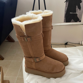 Снежни ботуши от едно цяло овча кожа, подплатени с вълна, висока горна част, EVA подметка, ток 3–5 см, зимни обувки