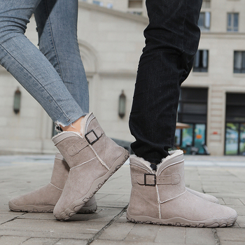 Дамски зимни планински обувки за ходене, подплатени с флис, горна част от изкуствена кожа, гумена подметка, средна височина, закръглен нос