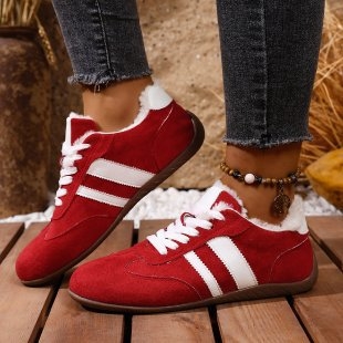 Pantofi femei iarnă din velur cu căptușeală pluș sintetică, talpă din cauciuc plată, închidere cu șireturi, stil casual