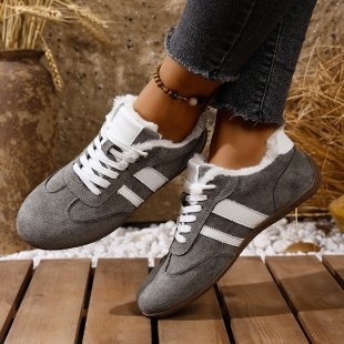 Pantofi femei iarnă din velur cu căptușeală pluș sintetică, talpă din cauciuc plată, închidere cu șireturi, stil casual