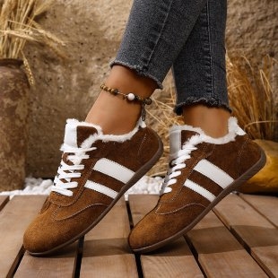 Pantofi femei iarnă din velur cu căptușeală pluș sintetică, talpă din cauciuc plată, închidere cu șireturi, stil casual