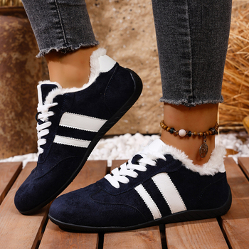 Pantofi femei iarnă din velur cu căptușeală pluș sintetică, talpă din cauciuc plată, închidere cu șireturi, stil casual