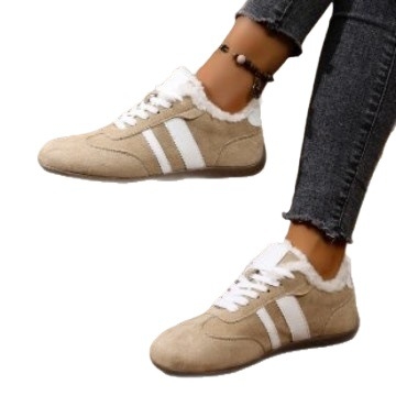 Pantofi femei iarnă din velur cu căptușeală pluș sintetică, talpă din cauciuc plată, închidere cu șireturi, stil casual