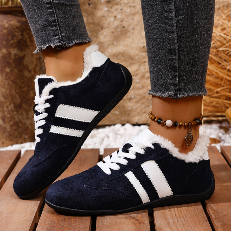 Pantofi femei iarnă din velur cu căptușeală pluș sintetică, talpă din cauciuc plată, închidere cu șireturi, stil casual