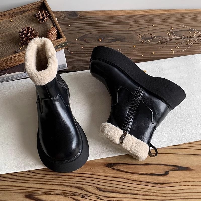 Ženske zimske čizme s debelom potplatom i povećanjem visine 3-5 cm, bočni zip, PU gornji dio, unutrašnjost umjetno pliš, okrugli vrh