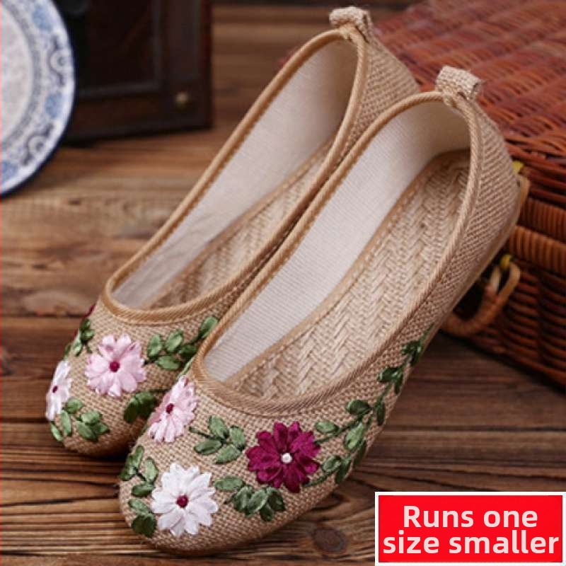 Rankų darbo megzti moterų bateliai | Etninis gėlių raštas | Viršus iš kanapių, padas iš TPR, vidutinio aukščio kulkšnies, apvalus pirštas | Vasaros sezonas