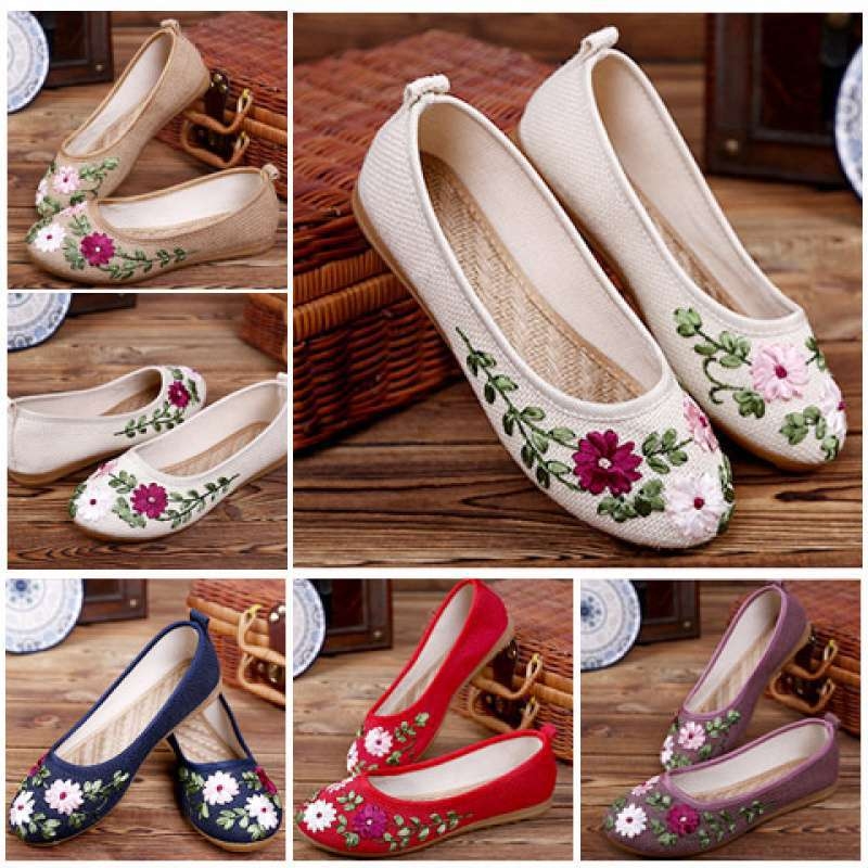 Rankų darbo megzti moterų bateliai | Etninis gėlių raštas | Viršus iš kanapių, padas iš TPR, vidutinio aukščio kulkšnies, apvalus pirštas | Vasaros sezonas