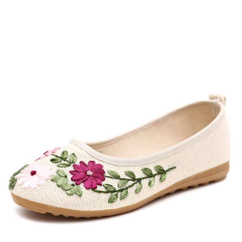 Rankų darbo megzti moterų bateliai | Etninis gėlių raštas | Viršus iš kanapių, padas iš TPR, vidutinio aukščio kulkšnies, apvalus pirštas | Vasaros sezonas