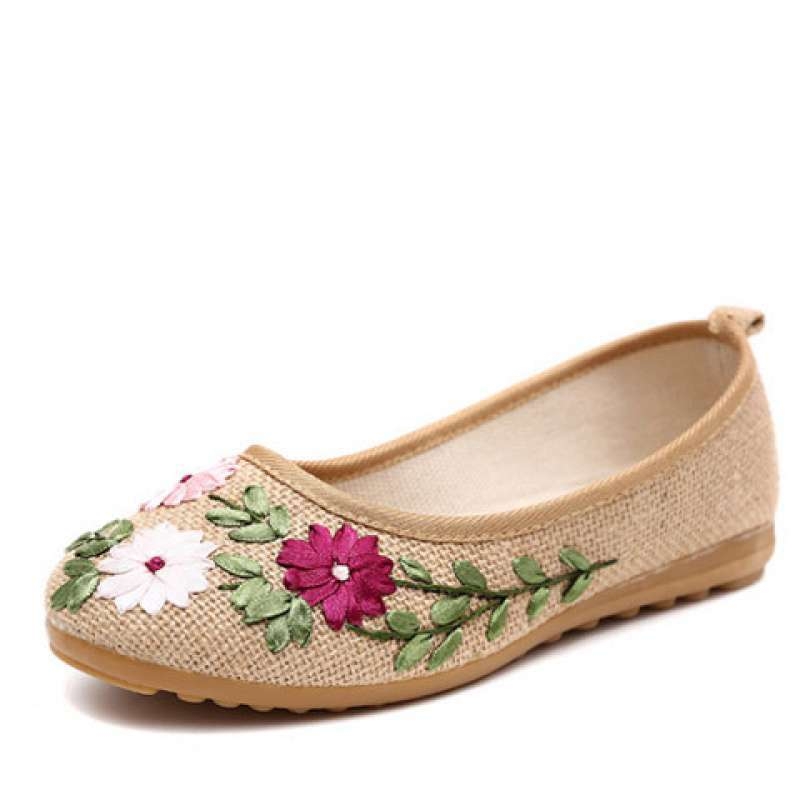 Rankų darbo megzti moterų bateliai | Etninis gėlių raštas | Viršus iš kanapių, padas iš TPR, vidutinio aukščio kulkšnies, apvalus pirštas | Vasaros sezonas