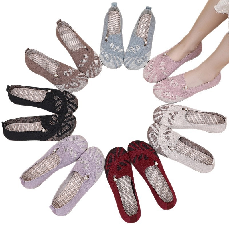 Pantofi Doudou pentru femei, plăci respirabile, vârf rotund, partea superioară din plasă, talpă din cauciuc, gleznă joasă, toc plat 1-3 cm