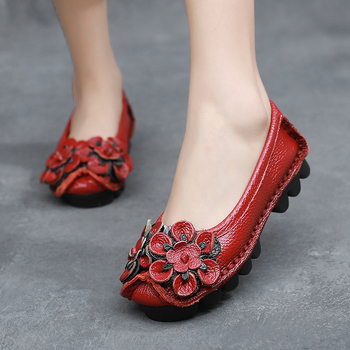 Γυναικεία slip-on παπούτσια με δέρμα πρώτης ποιότητας, λουλουδάτο μοτίβο, σόλα από καουτσούκ, πλατύ άνοιγμα