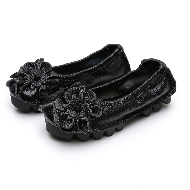 Γυναικεία slip-on παπούτσια με δέρμα πρώτης ποιότητας, λουλουδάτο μοτίβο, σόλα από καουτσούκ, πλατύ άνοιγμα