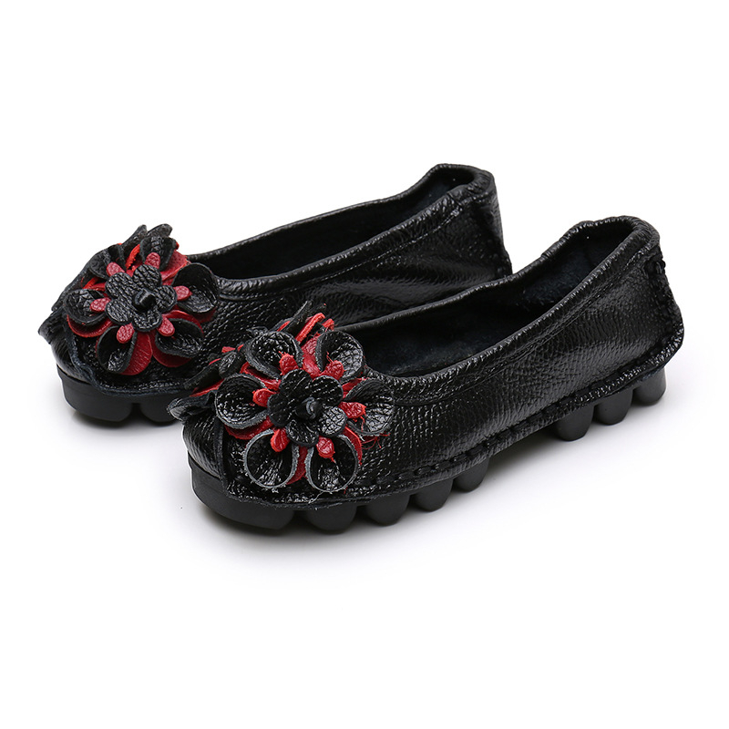 Γυναικεία slip-on παπούτσια με δέρμα πρώτης ποιότητας, λουλουδάτο μοτίβο, σόλα από καουτσούκ, πλατύ άνοιγμα