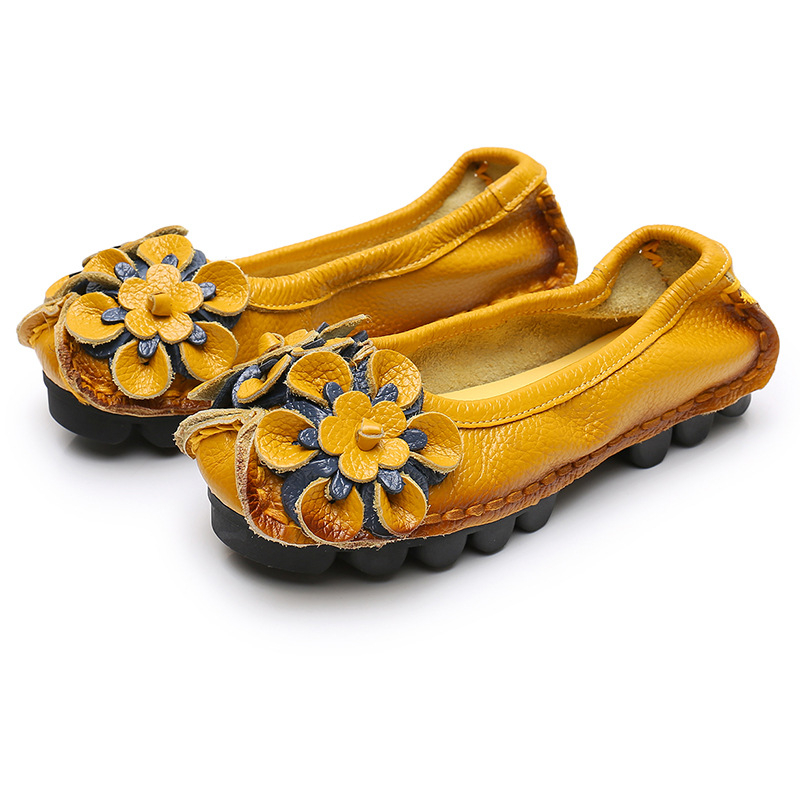 Γυναικεία slip-on παπούτσια με δέρμα πρώτης ποιότητας, λουλουδάτο μοτίβο, σόλα από καουτσούκ, πλατύ άνοιγμα