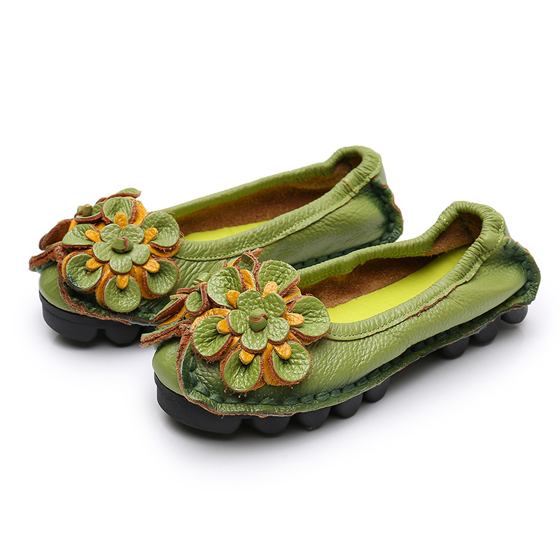 Γυναικεία slip-on παπούτσια με δέρμα πρώτης ποιότητας, λουλουδάτο μοτίβο, σόλα από καουτσούκ, πλατύ άνοιγμα